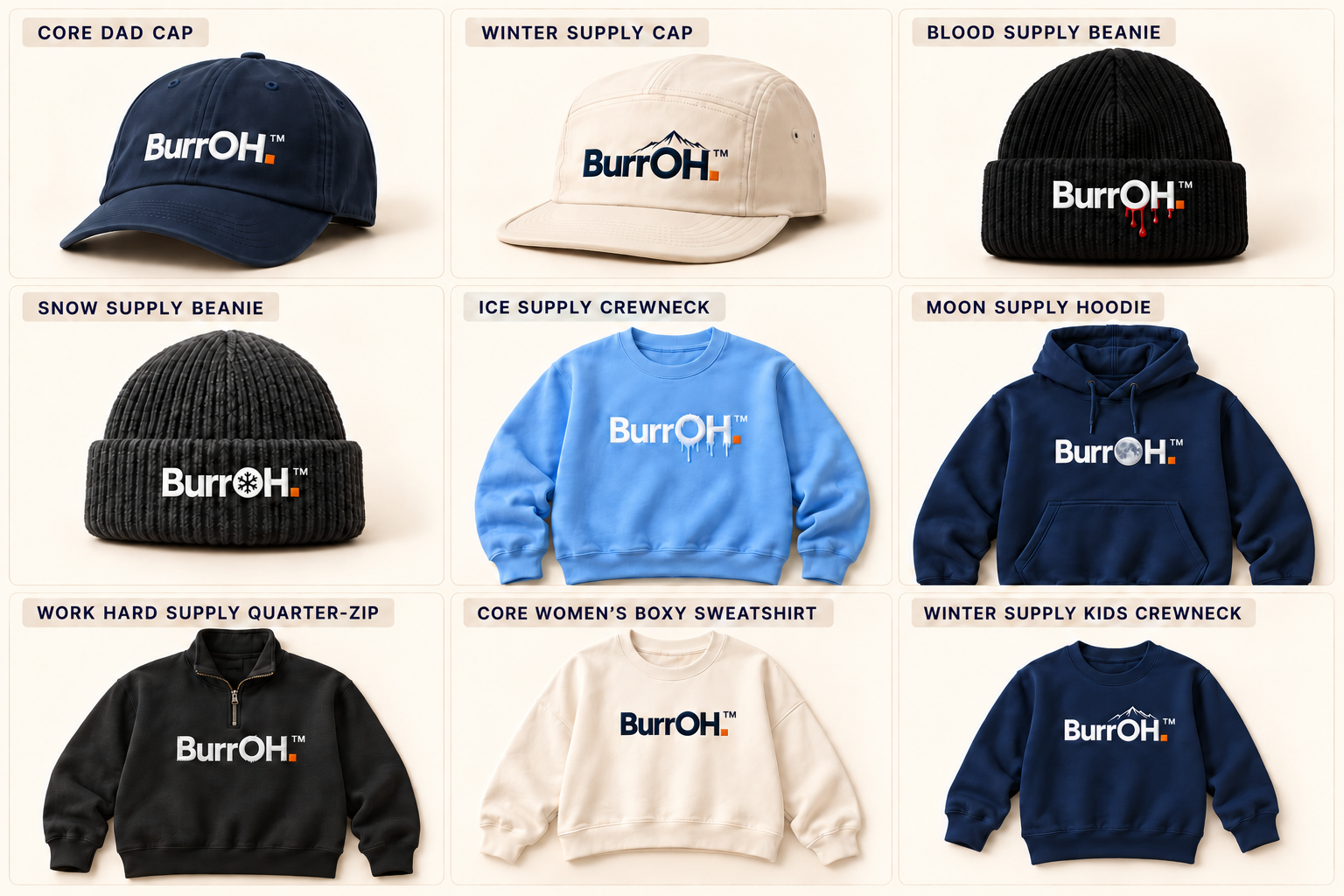 BurrOH hats, two beanie styles, sweatshirts, a hoodie, and women’s and kids’ designs. Concept mockups.